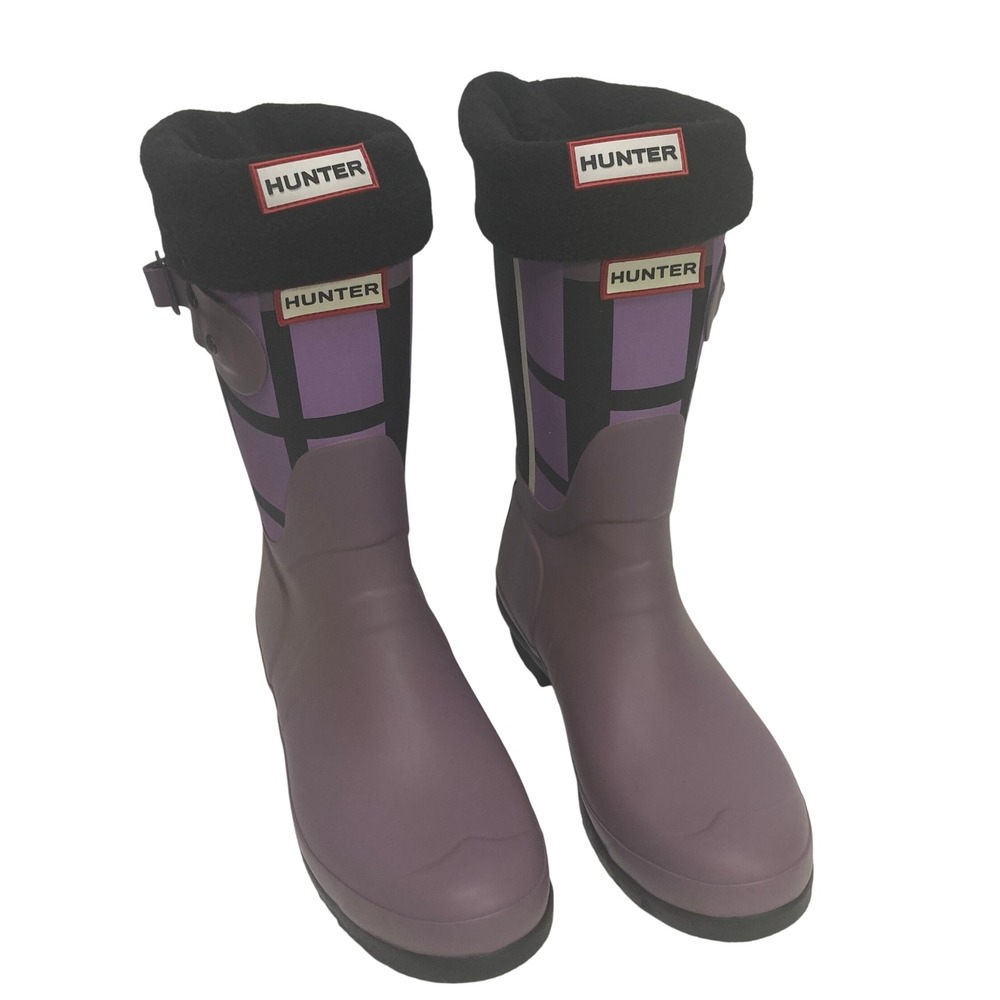 Hunter Women's Short Tartan Rain Boots Purple Black Size 9 Boot Fleece Socks UK